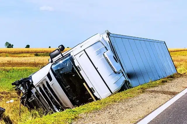 The large truck lies in a side ditch after the road accident.